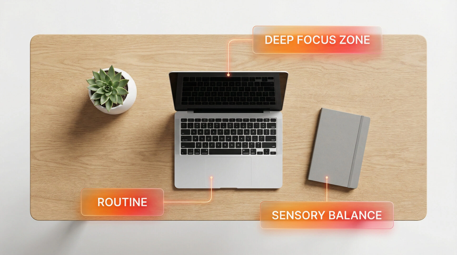 A top-down view of a minimalist, organized desk with labels for focus and routine.