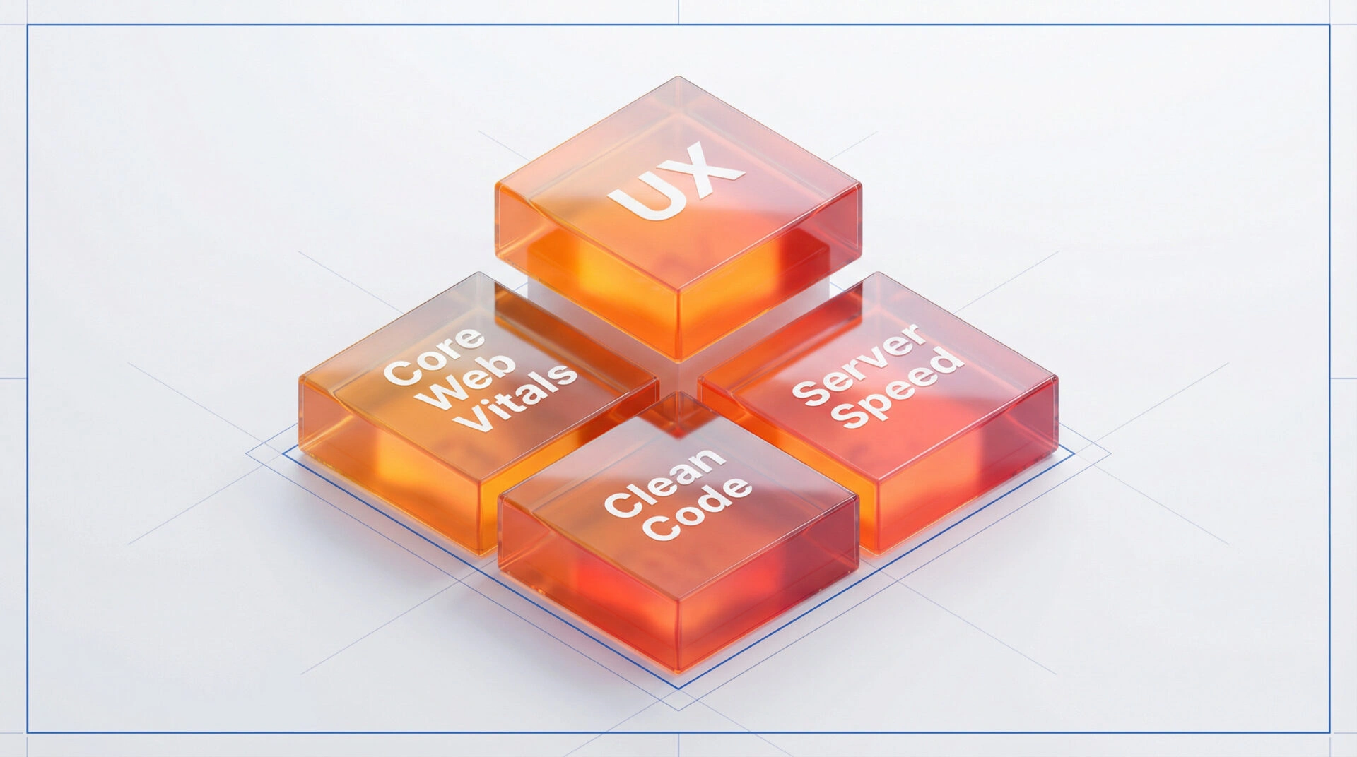 A 3D architectural model of a website showing performance as the structural foundation.