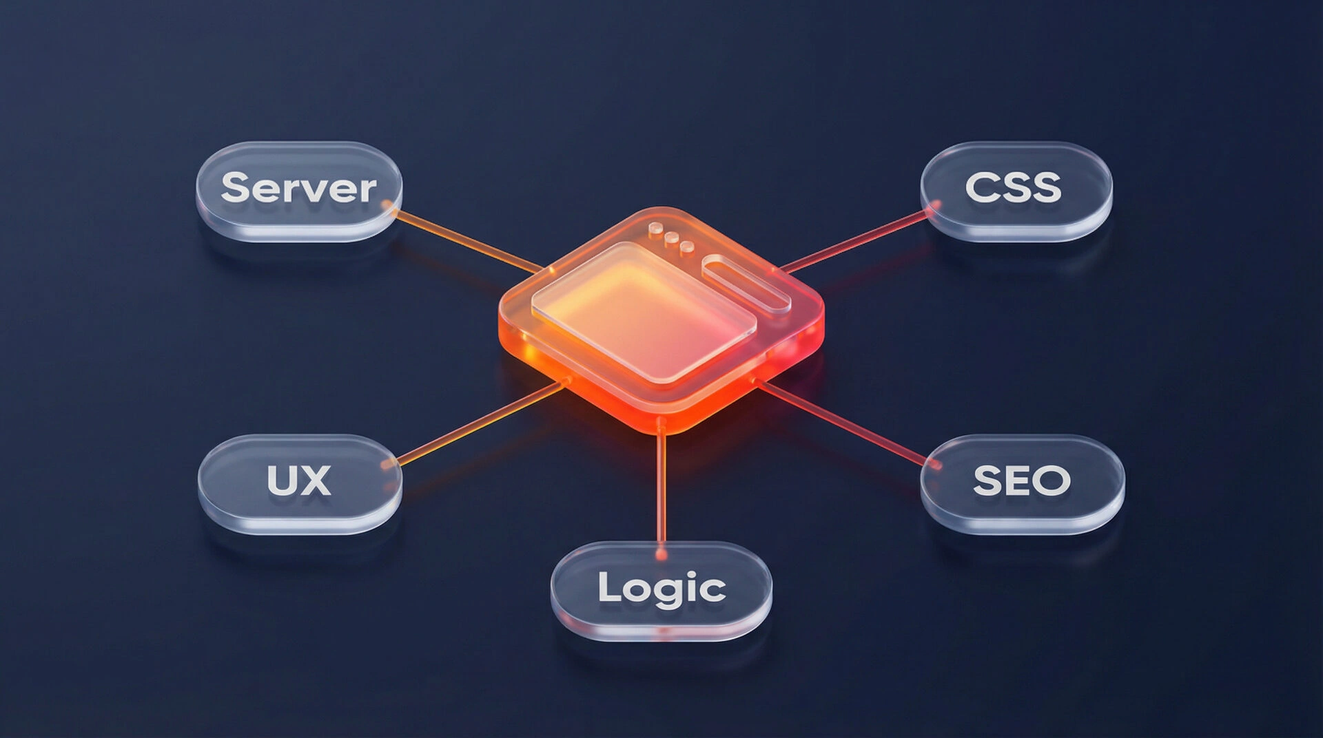 A conceptual visualization of a website as a complex, interconnected network of technical and user-centric nodes.